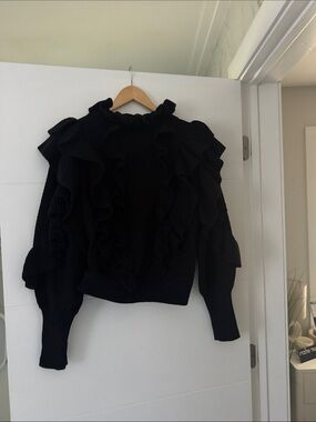 Stellah Tipping Ruffle High-Neck Sweater Black Medium NWT